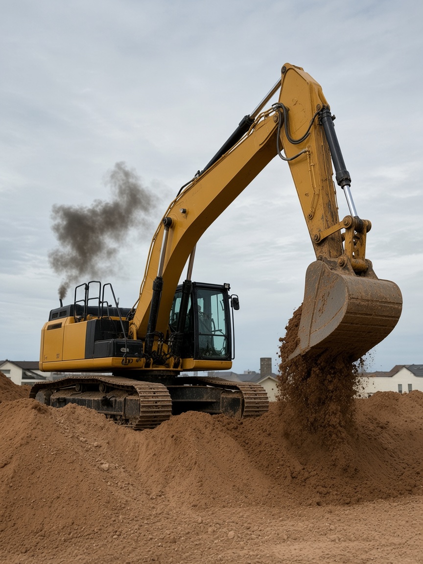CAT excavator moving earth on a job site